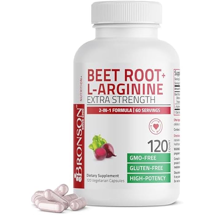 Bronson Beet Root + L-Arginine Nitric Oxide Production- Non-GMO, 120 Vegetarian Capsules - Image 1