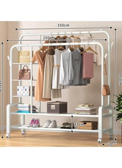 AIWANTO Heavy Duty Clothes Rail Shoe Stand for Room Coat Double Rods Portable for Hanging Freestanding Hanger with 5 Shelves and 4 Hooks Rack for Bedroom Hallway Entryway White 150Cm  - Image 3