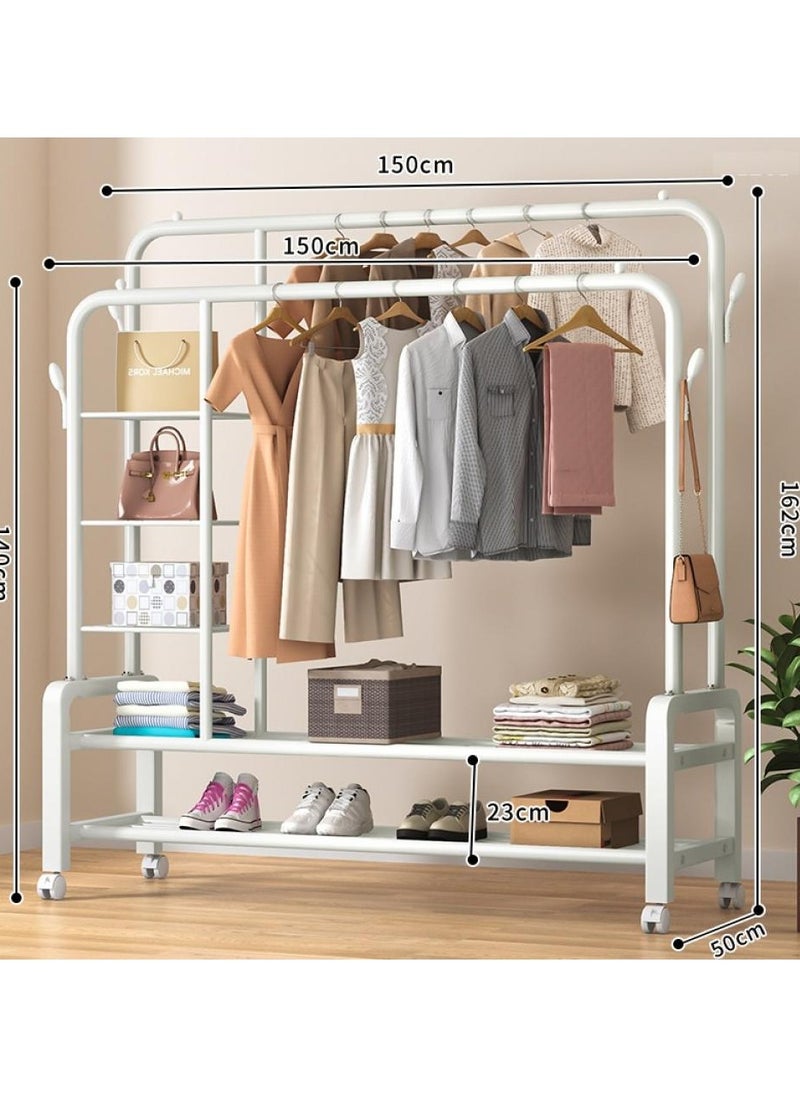 AIWANTO Heavy Duty Clothes Rail Shoe Stand for Room Coat Double Rods Portable for Hanging Freestanding Hanger with 5 Shelves and 4 Hooks Rack for Bedroom Hallway Entryway White 150Cm  - Image 3