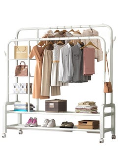 AIWANTO Heavy Duty Clothes Rail Shoe Stand for Room Coat Double Rods Portable for Hanging Freestanding Hanger with 5 Shelves and 4 Hooks Rack for Bedroom Hallway Entryway White 150Cm  - Image 4