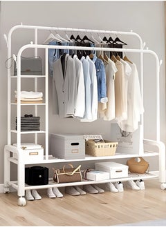 AIWANTO Heavy Duty Clothes Rail Shoe Stand for Room Coat Double Rods Portable for Hanging Freestanding Hanger with 5 Shelves and 4 Hooks Rack for Bedroom Hallway Entryway White 150Cm  - Image 1