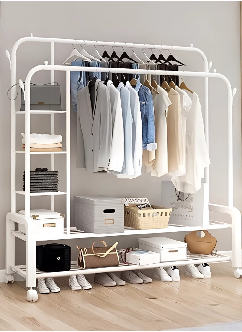 AIWANTO Heavy Duty Clothes Rail Shoe Stand for Room Coat Double Rods Portable for Hanging Freestanding Hanger with 5 Shelves and 4 Hooks Rack for Bedroom Hallway Entryway White 150Cm  - Image 1