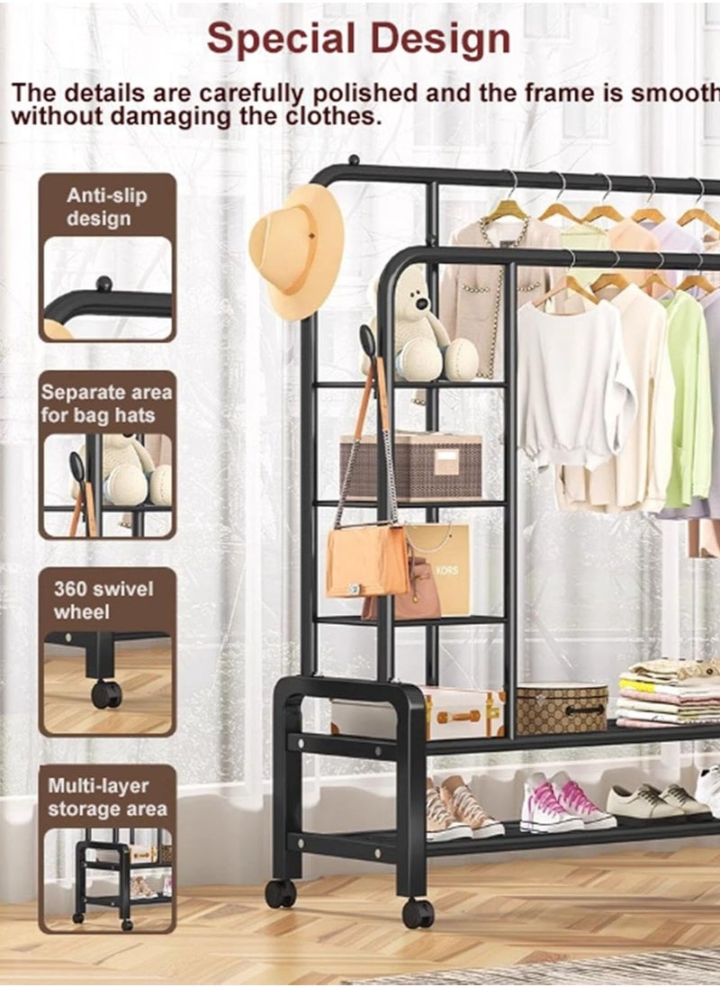 Heavy Duty Clothes Rail Shoe Stand for Room Coat Double Rods Portable for Hanging Freestanding Hanger with 5 Shelves and 4 Hooks Rack for Bedroom Hallway Entryway White 150Cm