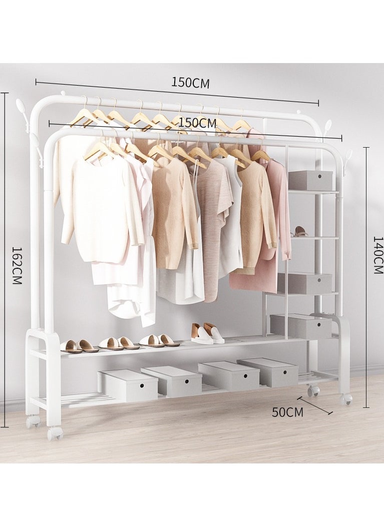 Heavy Duty Clothes Rail Shoe Stand for Room Coat Double Rods Portable for Hanging Freestanding Hanger with 5 Shelves and 4 Hooks Rack for Bedroom Hallway Entryway White 150Cm