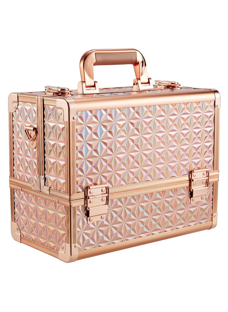 FRENESSA - FRENESSA Extra Large Makeup Organizer Case Cosmetic Train Case 6 Trays Large Bottom with Shoulder Strap Travel Makeup Case for Makeup Artist, Cosmetology, Nail Tech Kits Makeup Box Storage Rose Gold - Image 1