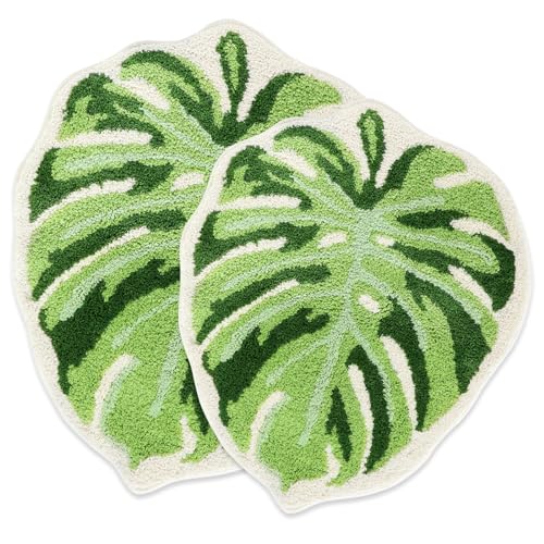 Litabel Green Leaf Bathroom Rug Set 2 Piece Cute Non Slip Monstera Shaped Plush Bath Mat Set Soft Absorbent Washable Bathroom Floor Mat Plant Shower Rug Bathmat Doormat 21x2526x32