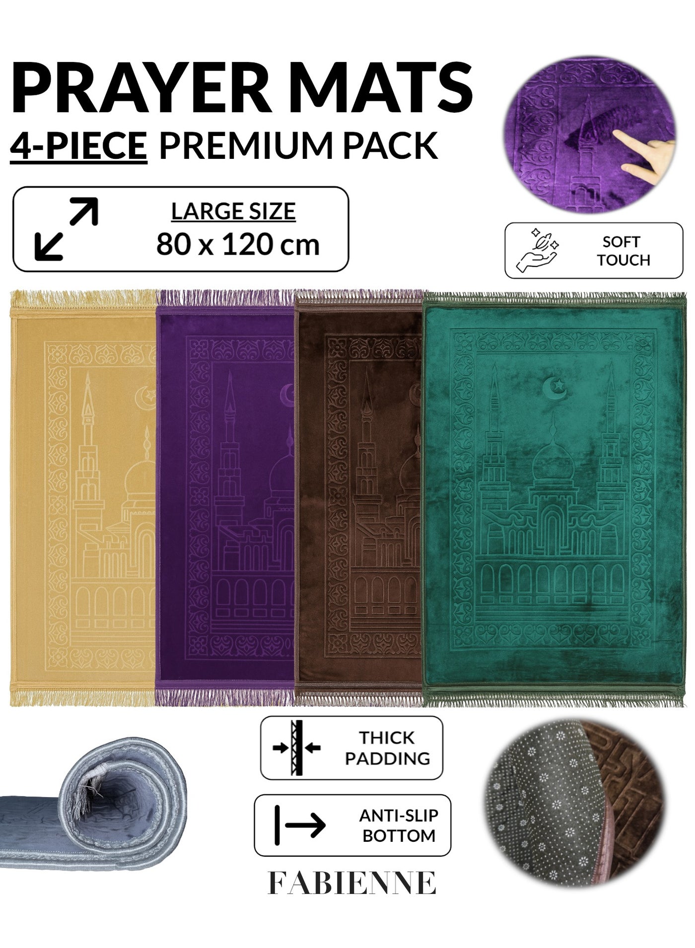 4-Piece Prayer Mats 80x120cm Multicolor Combo Prayer Rug Set Large Size Thick Padded Premium Comfort Plush Velvet Top Layer Anti-Slip Islamic Sajadah Set