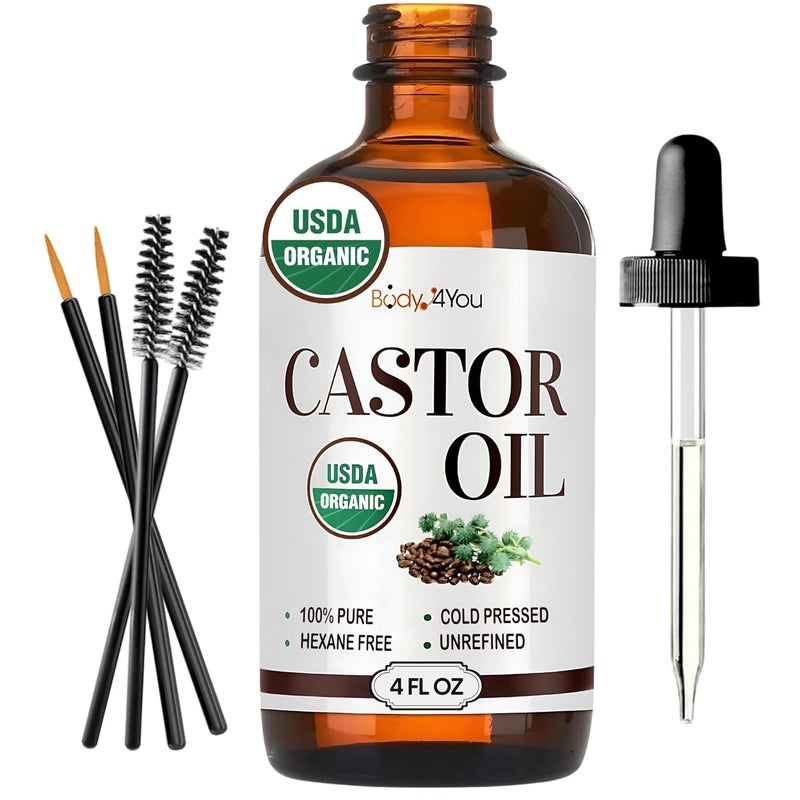 BodyJ4You Organic Castor Oil - 100% Pure Natural Cold Pressed USDA Certified Organic - Hexane Free Unrefined Non GMO - Lashes & Eyebrow Kit Mascara Tube Brush Wand Hydrating Oil - Glass Bottle 4oz - Image 1