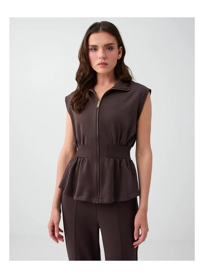 Jimmy Key Bitter Coffee Zippered Sleeveless Waist-Detail Vest.