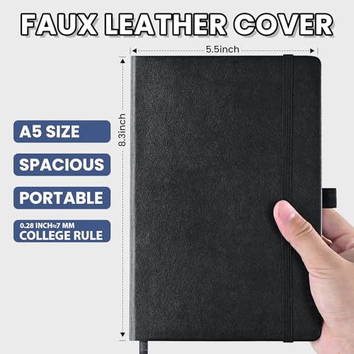 SUIN Lined Journal Notebook, Leather Hardcover Journal for Work, School, Travel, 100 GSM Paper, 160 Pages, 5.5x8.3 Inch, College Ruled, Black, 1-Pack - Image 2