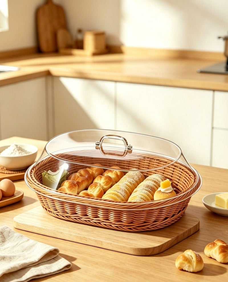 Wicker Bread Basket with Clear Acrylic Lid - Durable, Washable Food Tray for Desserts & Fruits - Perfect for Kitchen, Picnic, and Home Display - Image 1