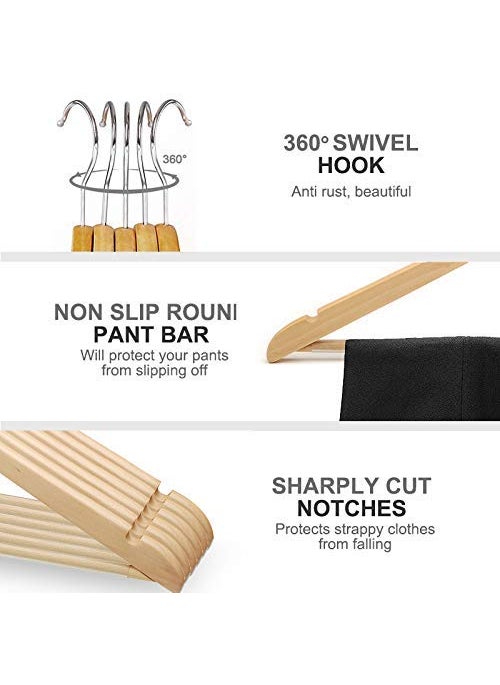 GRACIOUS MART Gracious Mart Solid Wood Garment Hangers with Non Slip Bar and Precisely Cut Notches Natural Finish Super Sturdy and Durable Wooden Coat Hangers Beige Color Pack of 24  - Image 2