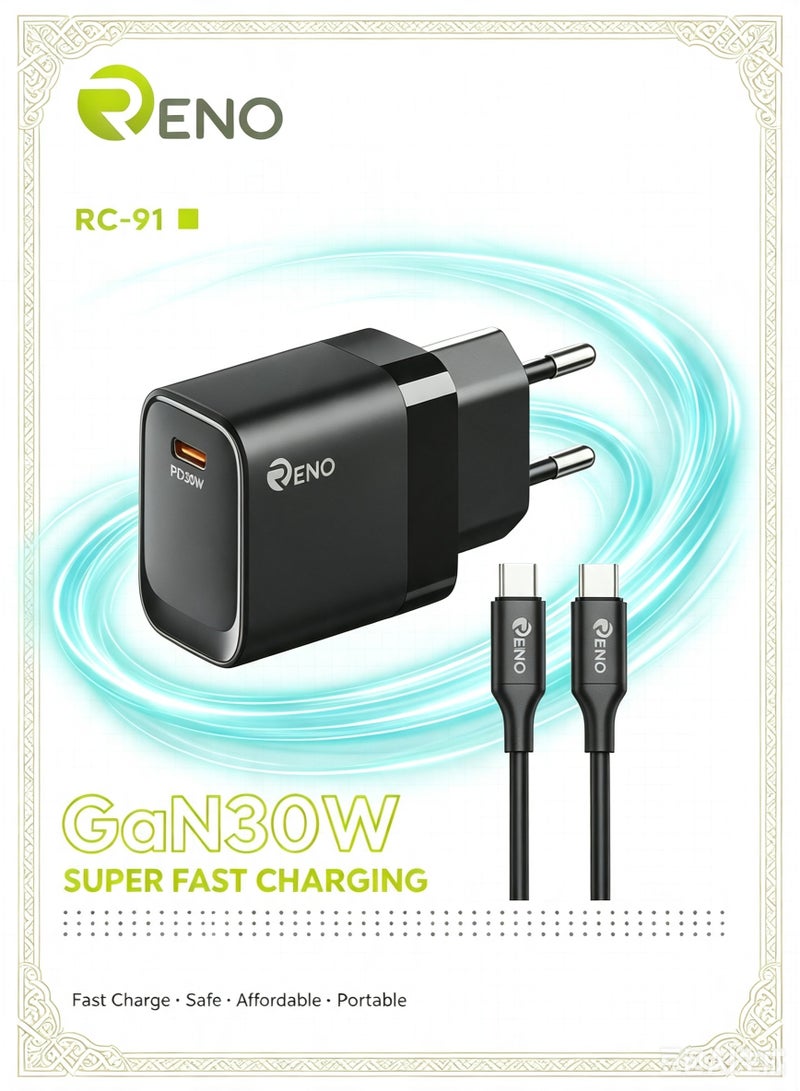 RENO RC-91 GaN 30W Super Fast Charger Set - Single USB-C PD Wall Charger with 1m USB-C to USB-C Cable - EU Plug, Black - Image 1