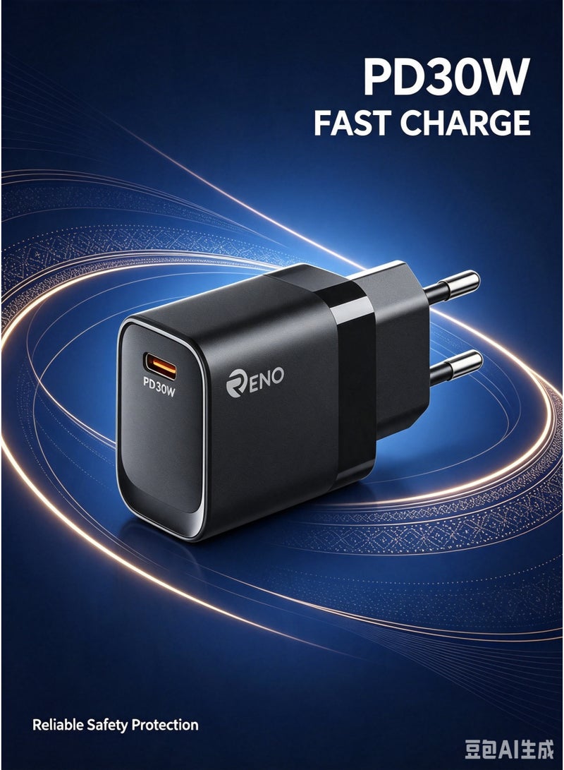 RENO RC-91 GaN 30W Super Fast Charger Set - Single USB-C PD Wall Charger with 1m USB-C to USB-C Cable - EU Plug, Black - Image 4