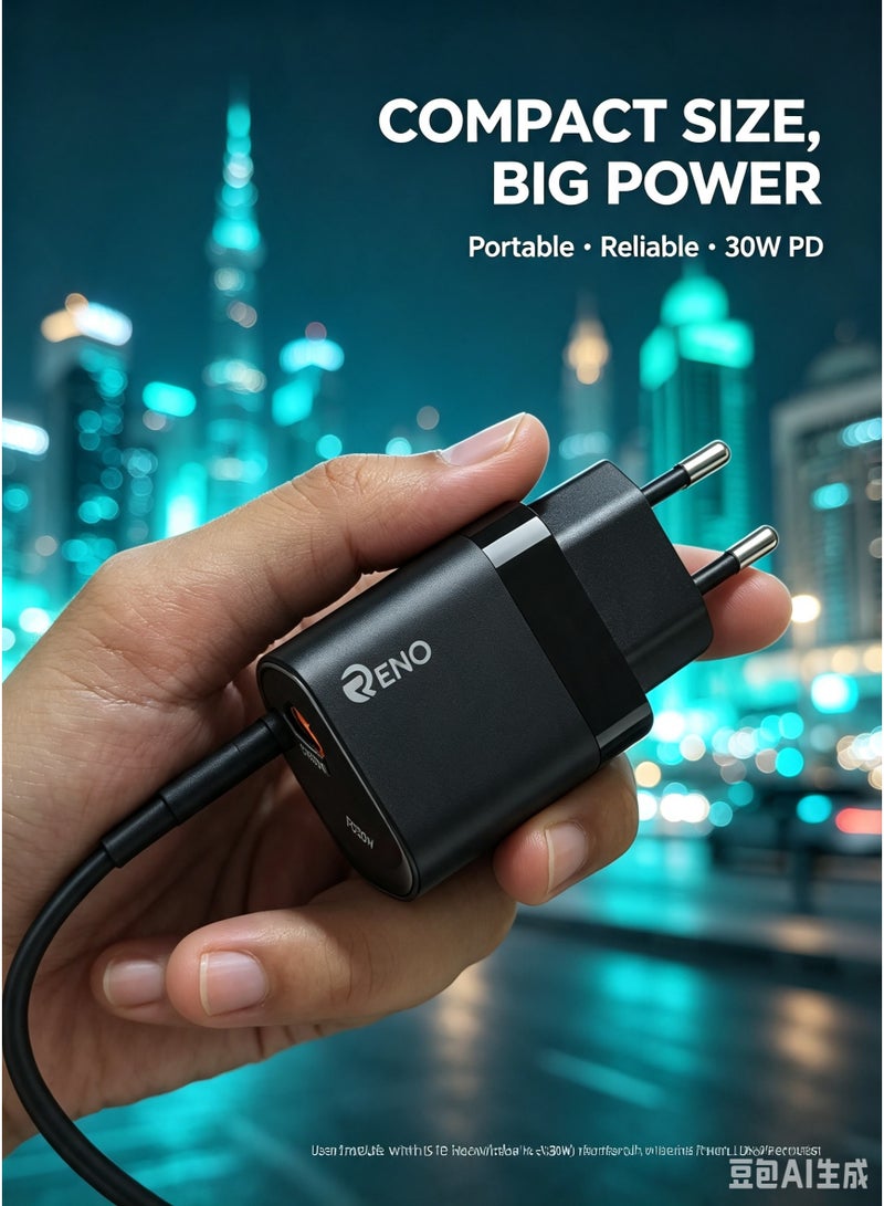 RENO RC-91 GaN 30W Super Fast Charger Set - Single USB-C PD Wall Charger with 1m USB-C to USB-C Cable - EU Plug, Black - Image 2