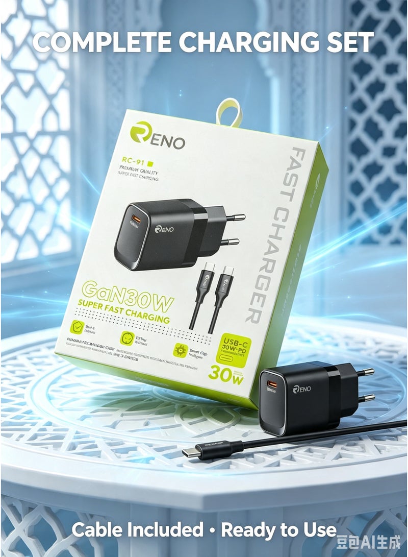 RENO RC-91 GaN 30W Super Fast Charger Set - Single USB-C PD Wall Charger with 1m USB-C to USB-C Cable - EU Plug, Black - Image 3