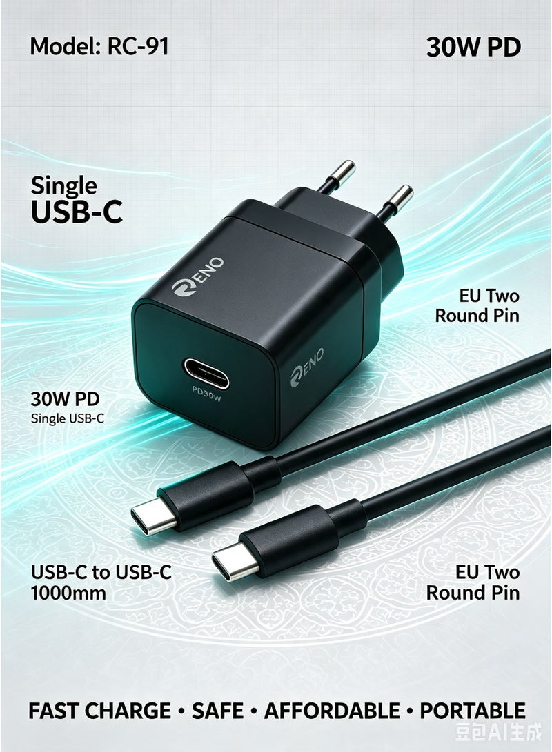 RENO RC-91 GaN 30W Super Fast Charger Set - Single USB-C PD Wall Charger with 1m USB-C to USB-C Cable - EU Plug, Black - Image 5