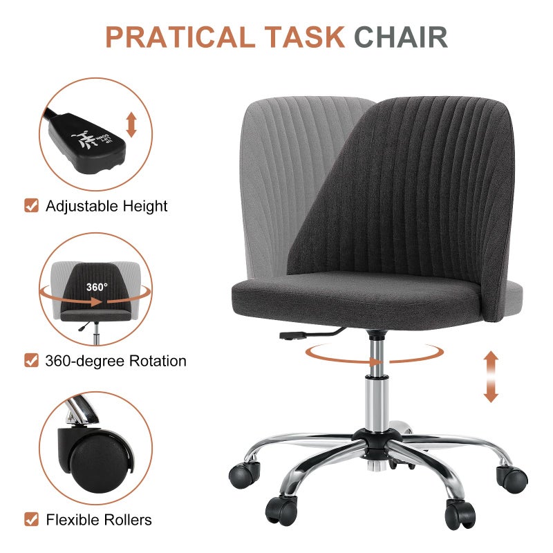 DUMOS Office Chair, Comfy Desk Chair Rolling Vanity Swivel Task Chairs with Wheels, Wide Seating Armless Height Adjustable Computer Chairs for Home,Bedroom,Student,Adults, Gunmetal Gray - Image 2