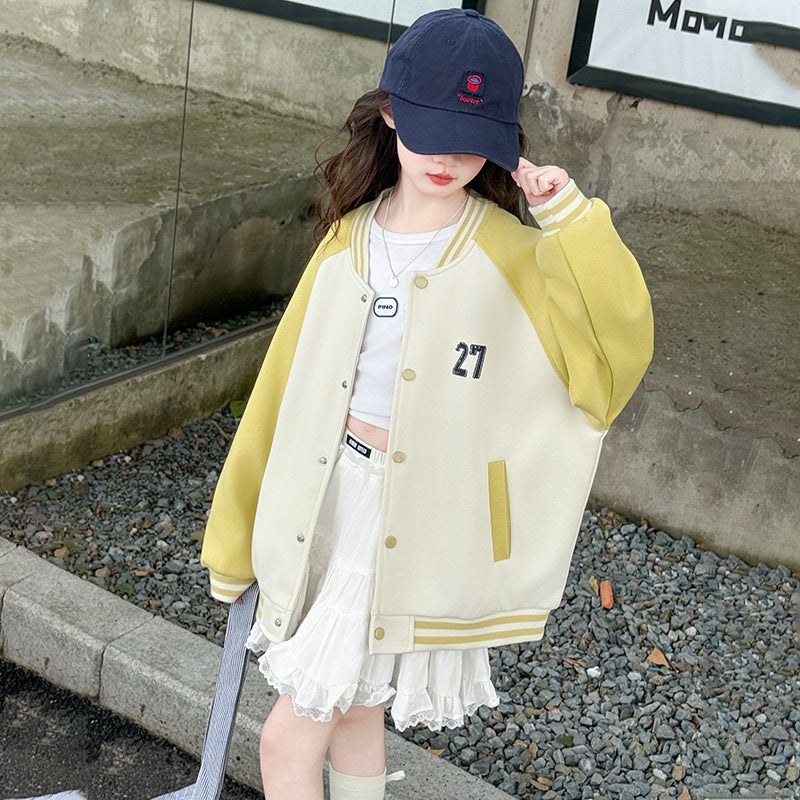 Girls' Baseball Suit Coat 2025 New Children'S Color-Block Jacket Children'S Spring Sports Cardigan Top - Image 1