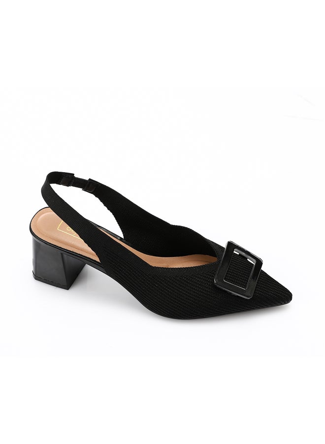 DejaVu Black Decorative Buckle Ribbed Slingback Pump  - Image 5