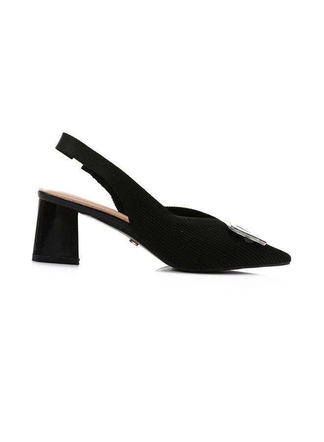 DejaVu Black Decorative Buckle Ribbed Slingback Pump  - Image 1