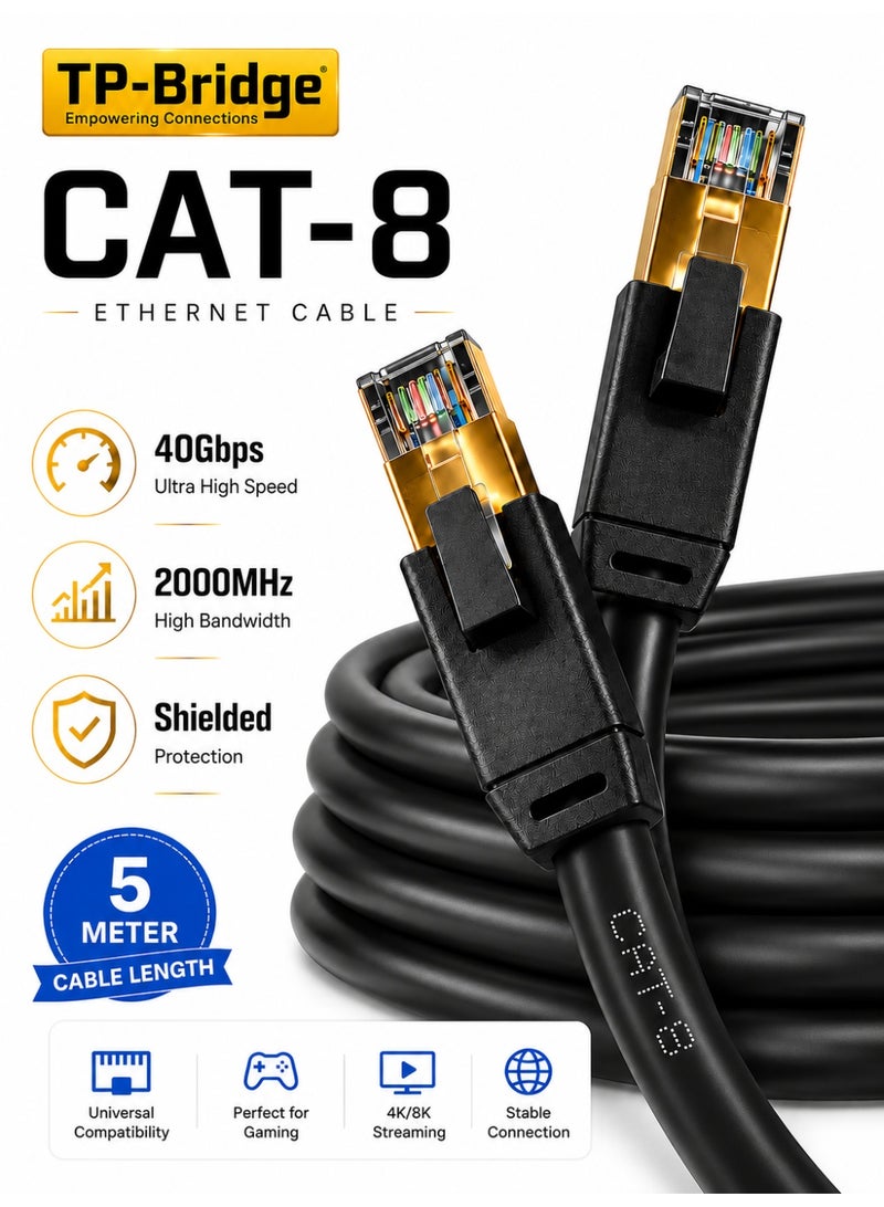 تي بي بردج كابل إيثرنت CAT-8 بطول 5 أمتار - كابل شبكة LAN فائق السرعة 40 جيجابت في الثانية | كابل إنترنت RJ45 محمي بتردد 2000 ميجاهرتز لأجهزة الألعاب، وأجهزة الكمبيوتر، وأجهزة الكمبيوتر المحمولة، وPS5 - Image 1