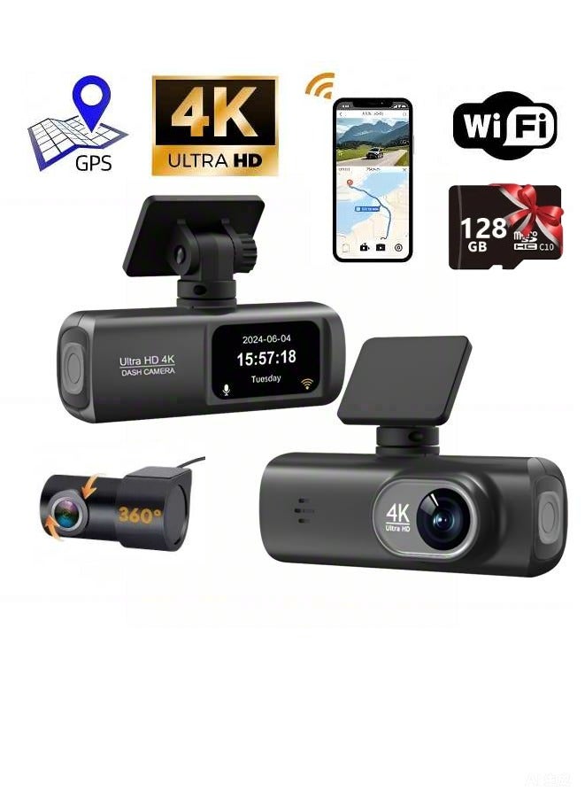 كاميرا سيارة ثنائية العدسات بدقة 4K فائقة الوضوح | أمامية 3840×2160P وخلفية 1080P | واي فاي مدمج، GPS، مستشعر الاهتزاز | مسجل أمامي/خلفي مع مراقبة الوقوف - Image 1