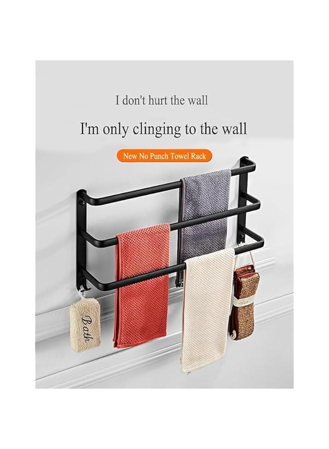 حامل مناشف من ار سي كو، حامل مناشف ذاتي اللصق من الالومنيوم المضاد للصدا، قضيب رف منشفة مزدوج من 3 طبقات مع خطافين، بدون ثقب، يثبت على الحائط 60 سم للحمام والمطبخ والدش (B2)