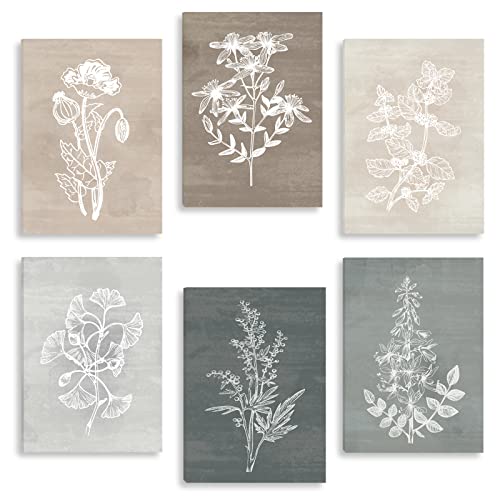 BINCUE Neutral Botanical Plant Canvas 6 Pieces Rustic Farmhouse Wall Art for Living Room Bedroom and Bathroom,Canvas Paintings Print Set Decor 12"x 16" - Image 1