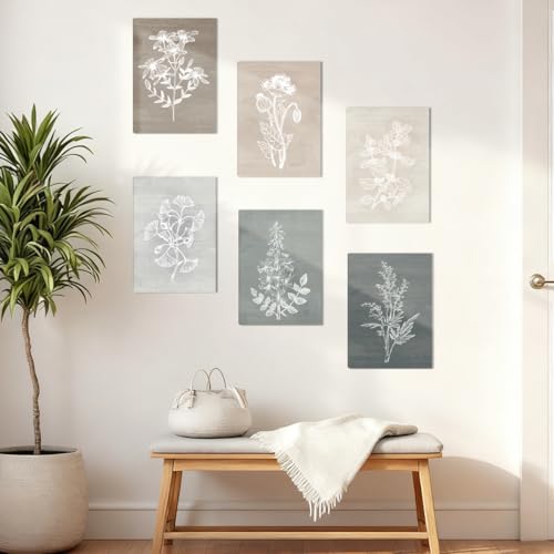 BINCUE Neutral Botanical Plant Canvas 6 Pieces Rustic Farmhouse Wall Art for Living Room Bedroom and Bathroom,Canvas Paintings Print Set Decor 12"x 16" - Image 3