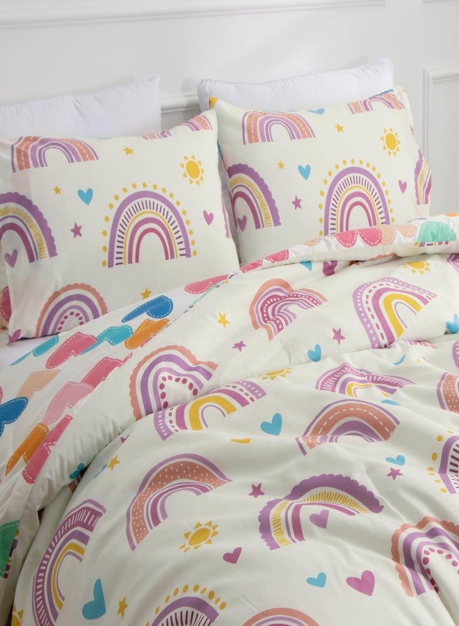 Btargot Lightweight Soft 3 Piece Rainbow Comforter Set with 2 Pillow Covers, Cartoon Love Hearts Suns and Stars Bedding Set for Girls Boys Kids, Full Purple - Image 4