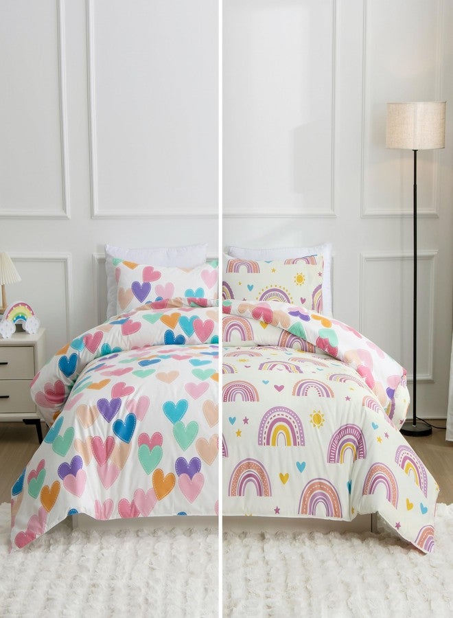 Btargot Lightweight Soft 3 Piece Rainbow Comforter Set with 2 Pillow Covers, Cartoon Love Hearts Suns and Stars Bedding Set for Girls Boys Kids, Full Purple - Image 2