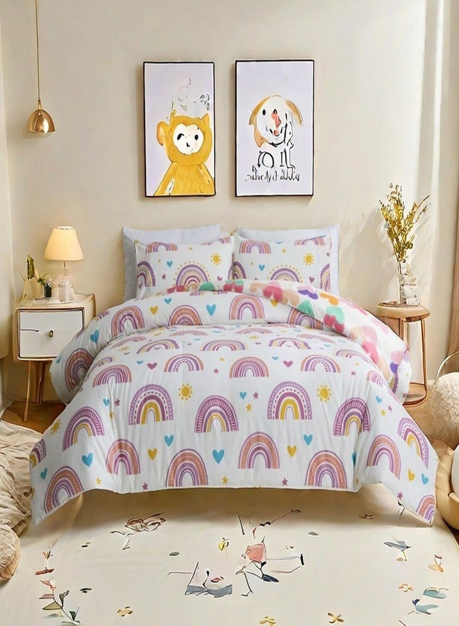 Btargot Lightweight Soft 3 Piece Rainbow Comforter Set with 2 Pillow Covers, Cartoon Love Hearts Suns and Stars Bedding Set for Girls Boys Kids, Full Purple - Image 1