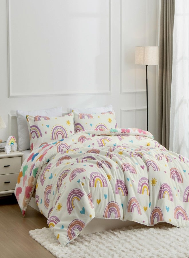 Btargot Lightweight Soft 3 Piece Rainbow Comforter Set with 2 Pillow Covers, Cartoon Love Hearts Suns and Stars Bedding Set for Girls Boys Kids, Full Purple - Image 3