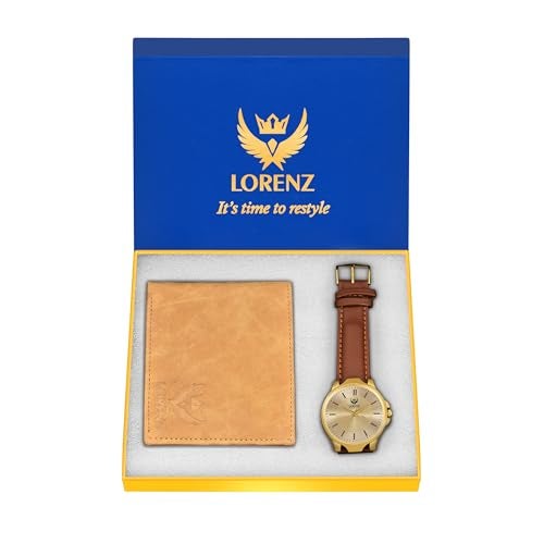 LORENZ Analog Golden Dial Watch & Tan Wallet Combo for Men- CM-305WL-31 - Image 1