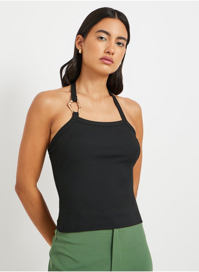 Take Two Solid Halter Neck Top with Buckle Detail  - Image 3