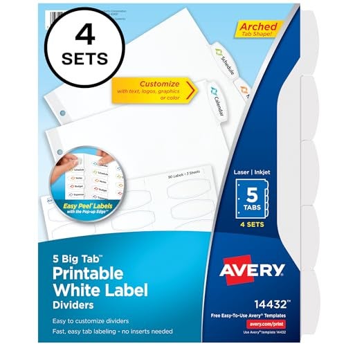 AVERY فواصل ملصقات بيضاء قابلة للطباعة من أفيري مع تقشير سهل، 5 علامات، 4 مجموعات (14432) - Image 1