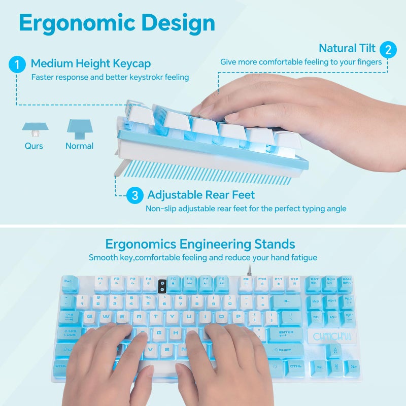 CHONCHOW Blue Keyboard and Mouse Combo, 87 Keys TKL USB Wired LED Light Up Backlit Keyboard, 800-3200 DPI RGB Mouse, Blue Mouse and Keyboard Combo for PS4 PS5 PC Laptop Mac Computers - Image 4