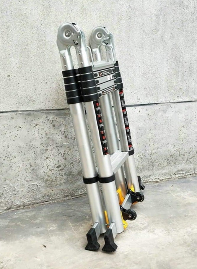 Outdoor telescopic multi-purpose ladder made of aluminum with A-frame design, extendable with wheels, load capacity of 330 pounds, 3.6 meters + 3.6 meters = 7.2 meters (23.6 feet). - Image 5