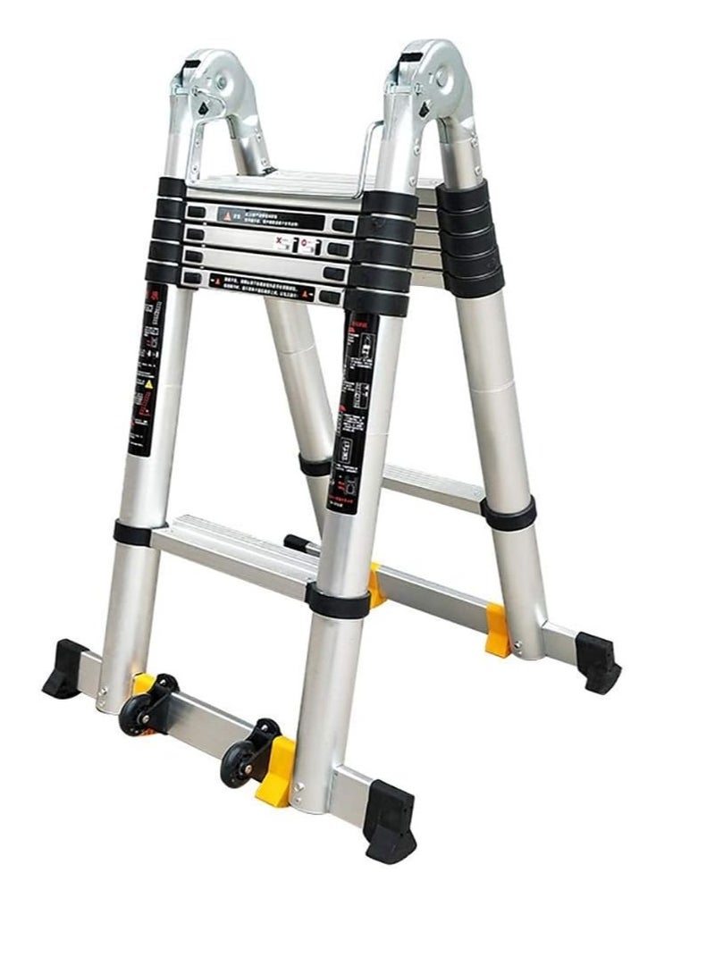 Outdoor telescopic multi-purpose ladder made of aluminum with A-frame design, extendable with wheels, load capacity of 330 pounds, 3.6 meters + 3.6 meters = 7.2 meters (23.6 feet). - Image 1