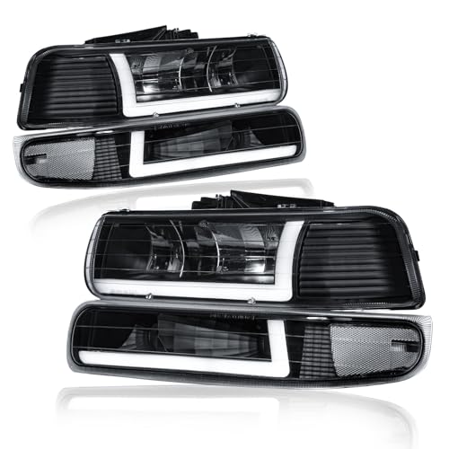 Fullux LED DRL Headlights Assembly fit 1999-2002 Chevy Silverado 1500 2500 1500HD 2500HD 3500/2000-2006 Tahoe Suburban 1500 2500 Replacements Black Housing Clear Reflector - Image 1