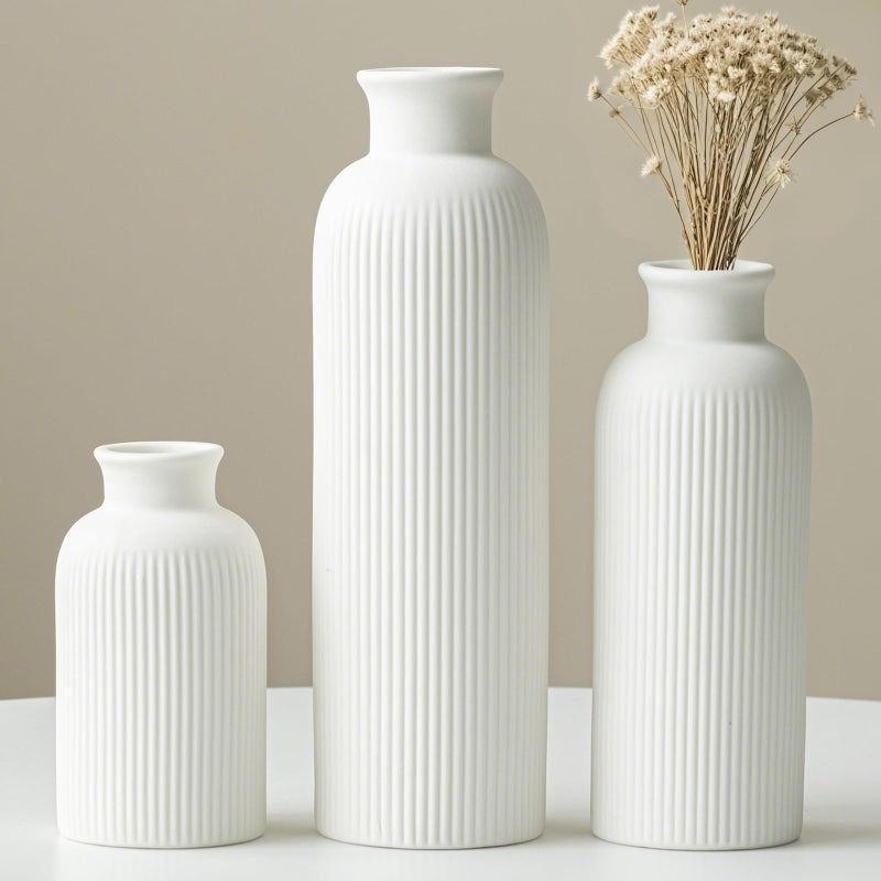 vaurcesa Modern Ceramic Vase Set, White Ribbed Matte Design, 3-Piece Decorative Vases for Home, Living Room, Office (White) - Image 1