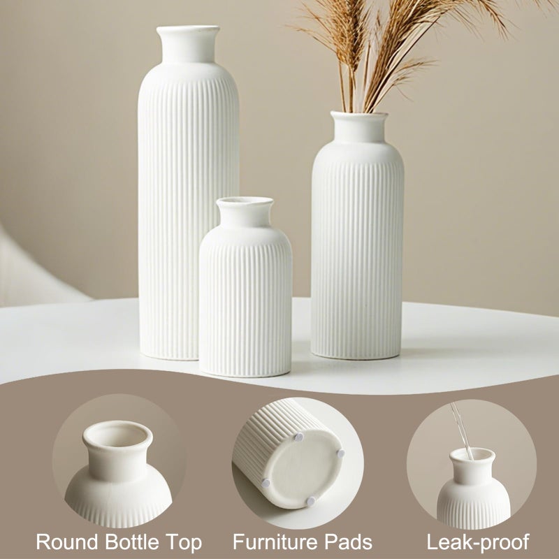 vaurcesa Modern Ceramic Vase Set, White Ribbed Matte Design, 3-Piece Decorative Vases for Home, Living Room, Office (White) - Image 3
