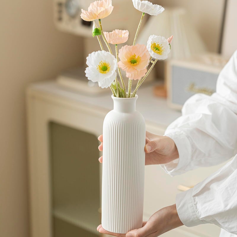 vaurcesa Modern Ceramic Vase Set, White Ribbed Matte Design, 3-Piece Decorative Vases for Home, Living Room, Office (White) - Image 4