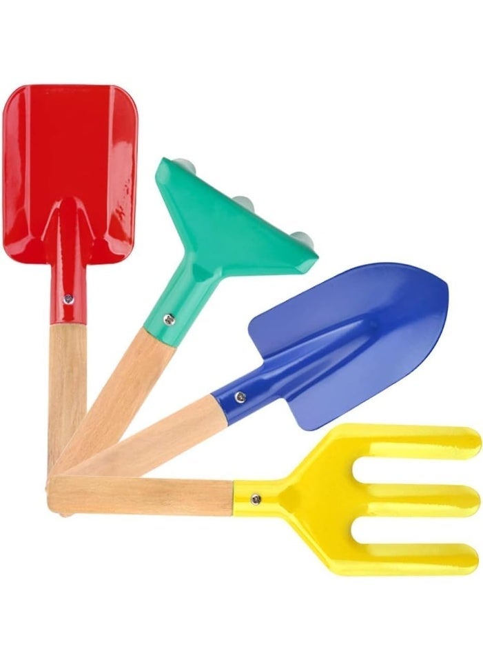 Beach Toys, 4 Pcs Children Beach Sand Toys, 8'' Sand Toys Set Metal Garden Tools with Sturdy Wooden Handle, Gardening Equipment Fork, Rake, Flat Shovel & Pointed Shovel - Image 1