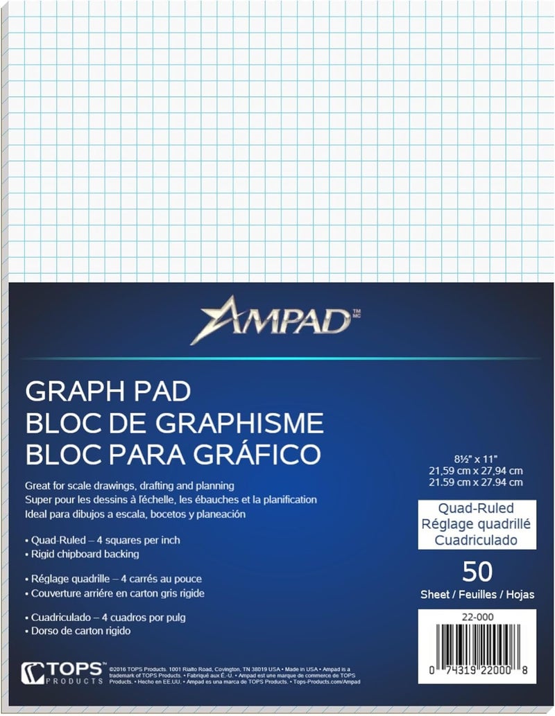 Ampad Evidence Quadrille Pad, Size 8-1/2 x 11, White Paper, 4x4 Quad Ruling, 20 Pound Premium Stock Paper, 50 Sheets Per Pad (22-000) - Image 1