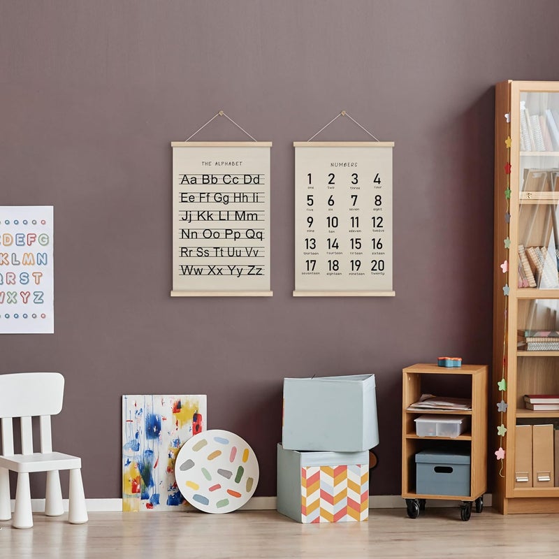 HRQKO مجموعة إطارات معلقة لملصقات الحروف والأرقام (قطعتان)، ديكور حائط للحضانة، ملصق لافتة ABC باللون الأسود مع إطارات خشبية، ديكور معلق للحروف الأبجدية لغرفة لعب الأطفال للأولاد، مقاس 16x24 بوصة - Image 3