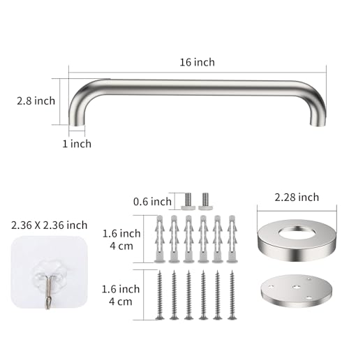 ZUEXT 16 Inch Shower Grab Bar Satin Brushed Nickel ZUEXT Stainless Steel Safety Grab Bar Handle Bathroom Balance Bar Safety Hand Rail Support Handicap Elderly Injury Senior Assist Bath Handle - Image 5