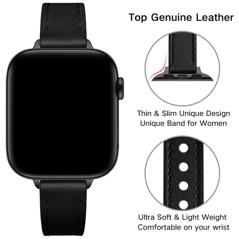 OUHENG أشرطة OUHENG الرفيعة متوافقة مع ساعة آبل 42 مم 41 مم 40 مم 38 مم، حزام جلد طبيعي رفيع بديل للنساء لساعة iWatch SE2 SE السلسلة 10 9 8 7 6 5 4 3 2 1 (أسود/أسود) - Image 3