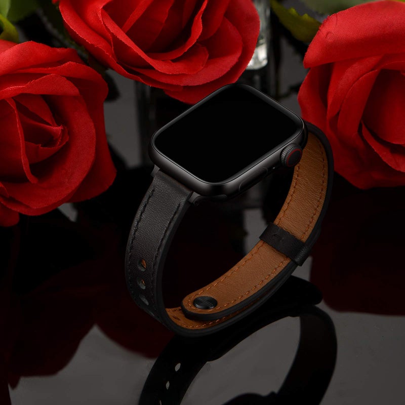 OUHENG أشرطة OUHENG الرفيعة متوافقة مع ساعة آبل 42 مم 41 مم 40 مم 38 مم، حزام جلد طبيعي رفيع بديل للنساء لساعة iWatch SE2 SE السلسلة 10 9 8 7 6 5 4 3 2 1 (أسود/أسود) - Image 5